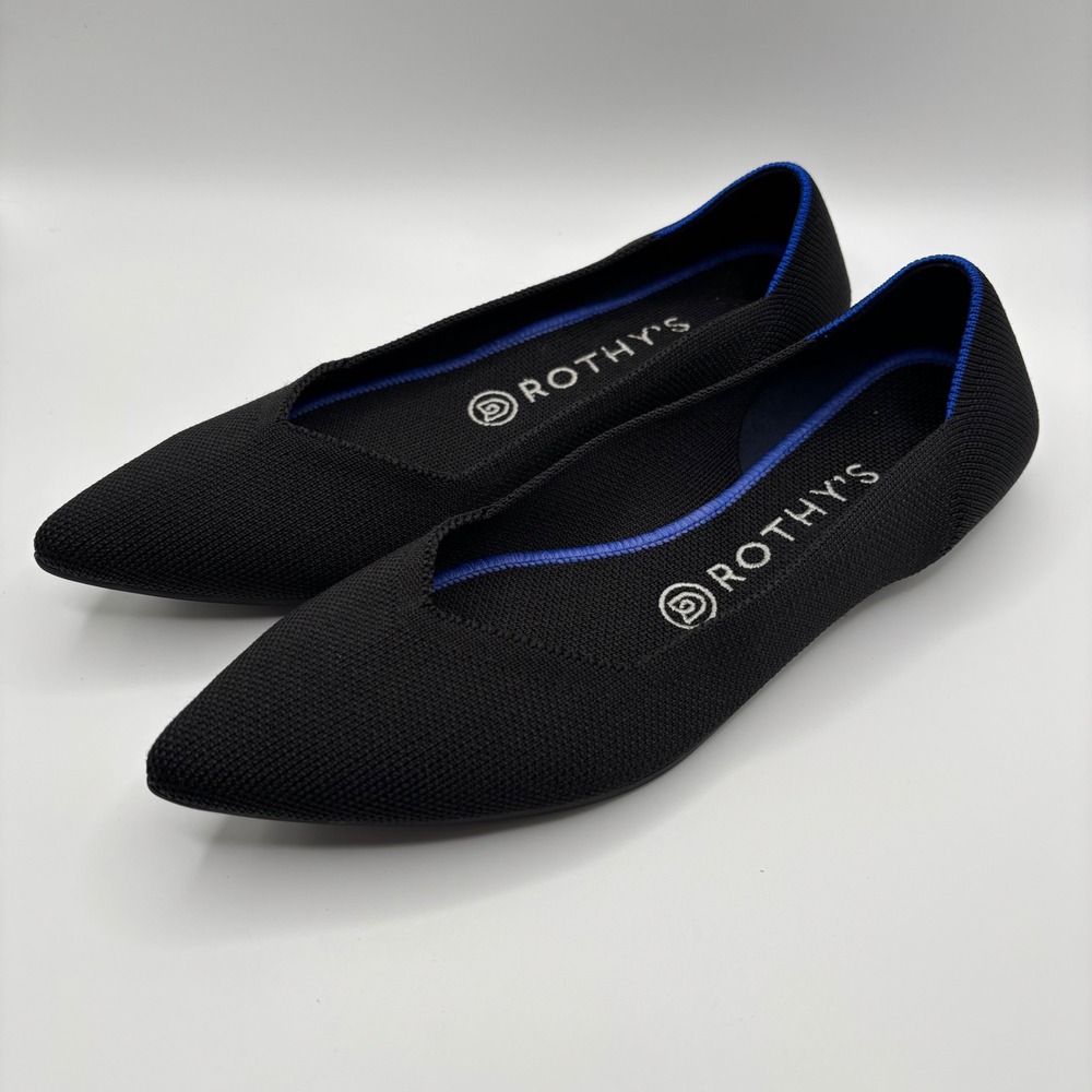Rothy's Black Pointed Toe Flats with Blue Trim